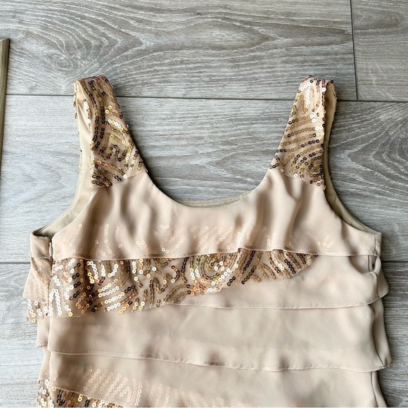 Laura CHAMPAGNE Sequins Ruffled Stretch Shift Evening Dress - Picture 12 of 12